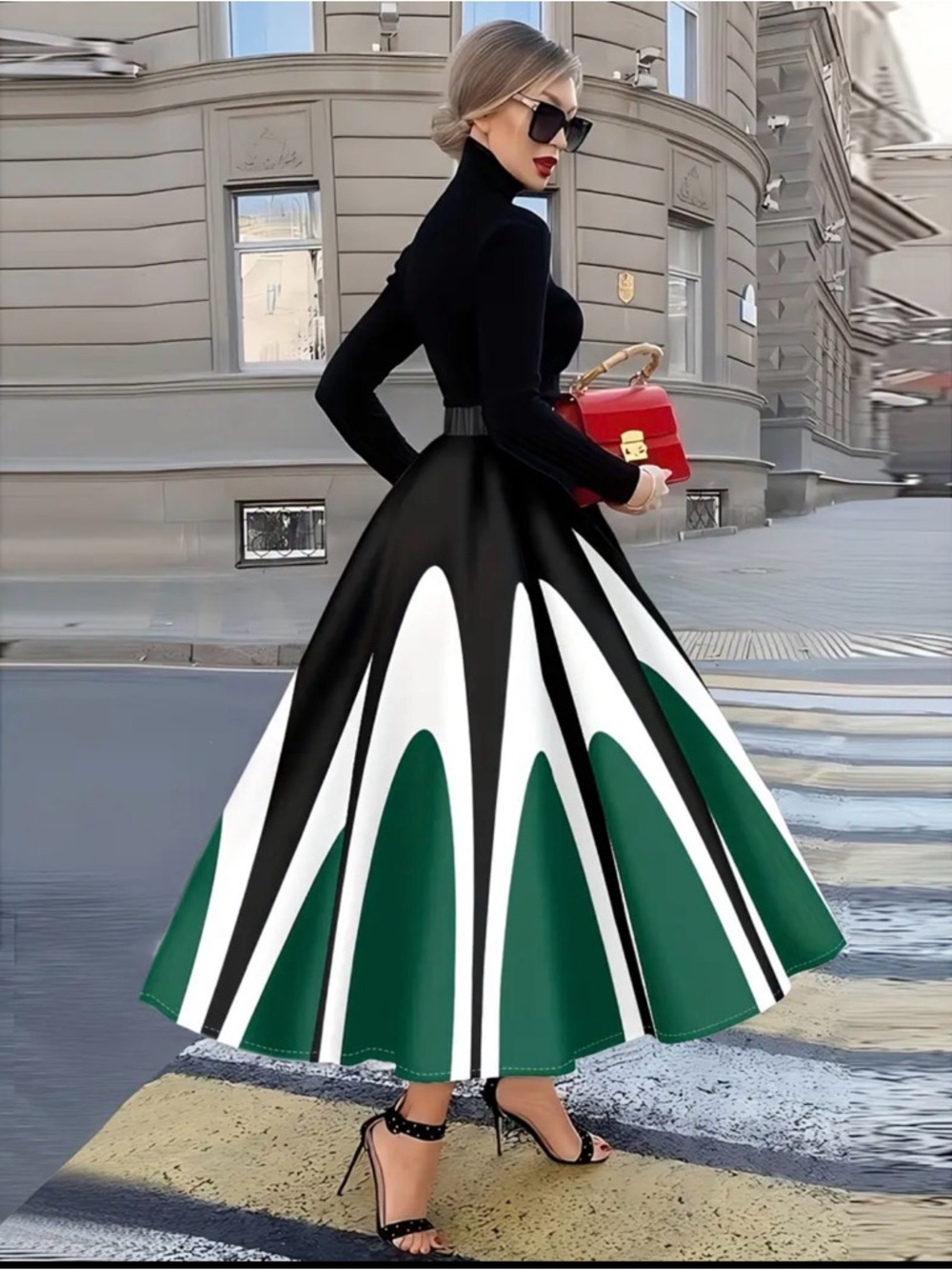 Elegant Black & Green A-Line Maxi Skirt